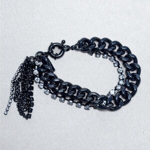1937 Cubic Zirconia & Curb Chain Layered Black Bracelet
